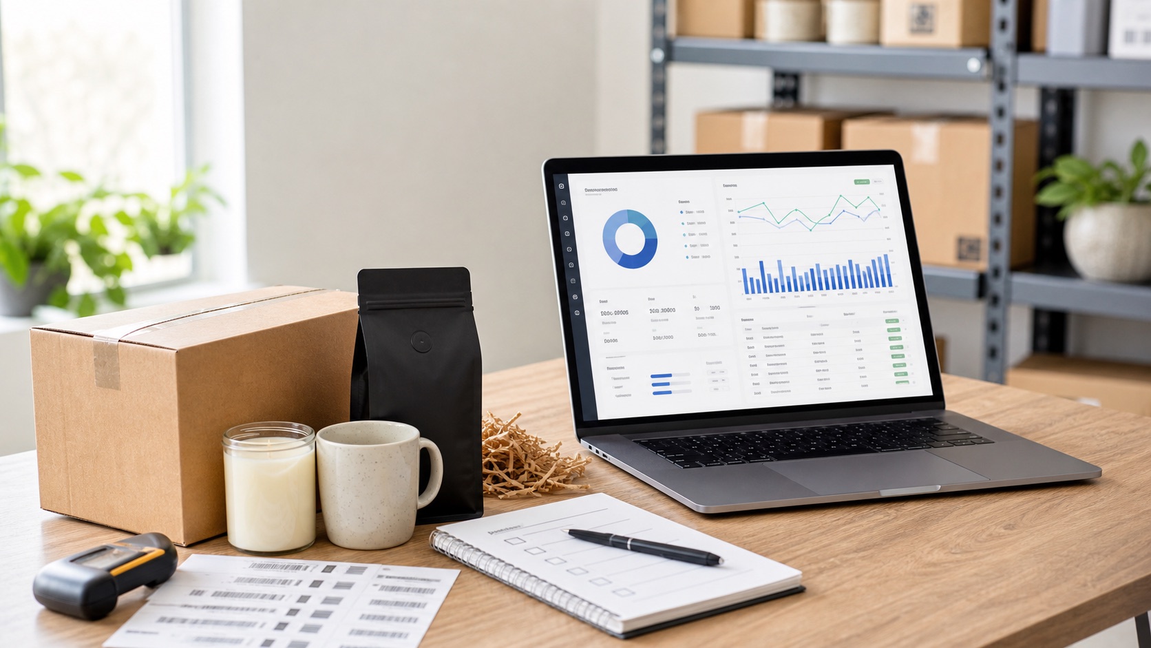 Bundle inventory workspace with product components, boxes, barcode labels, and an inventory dashboard.