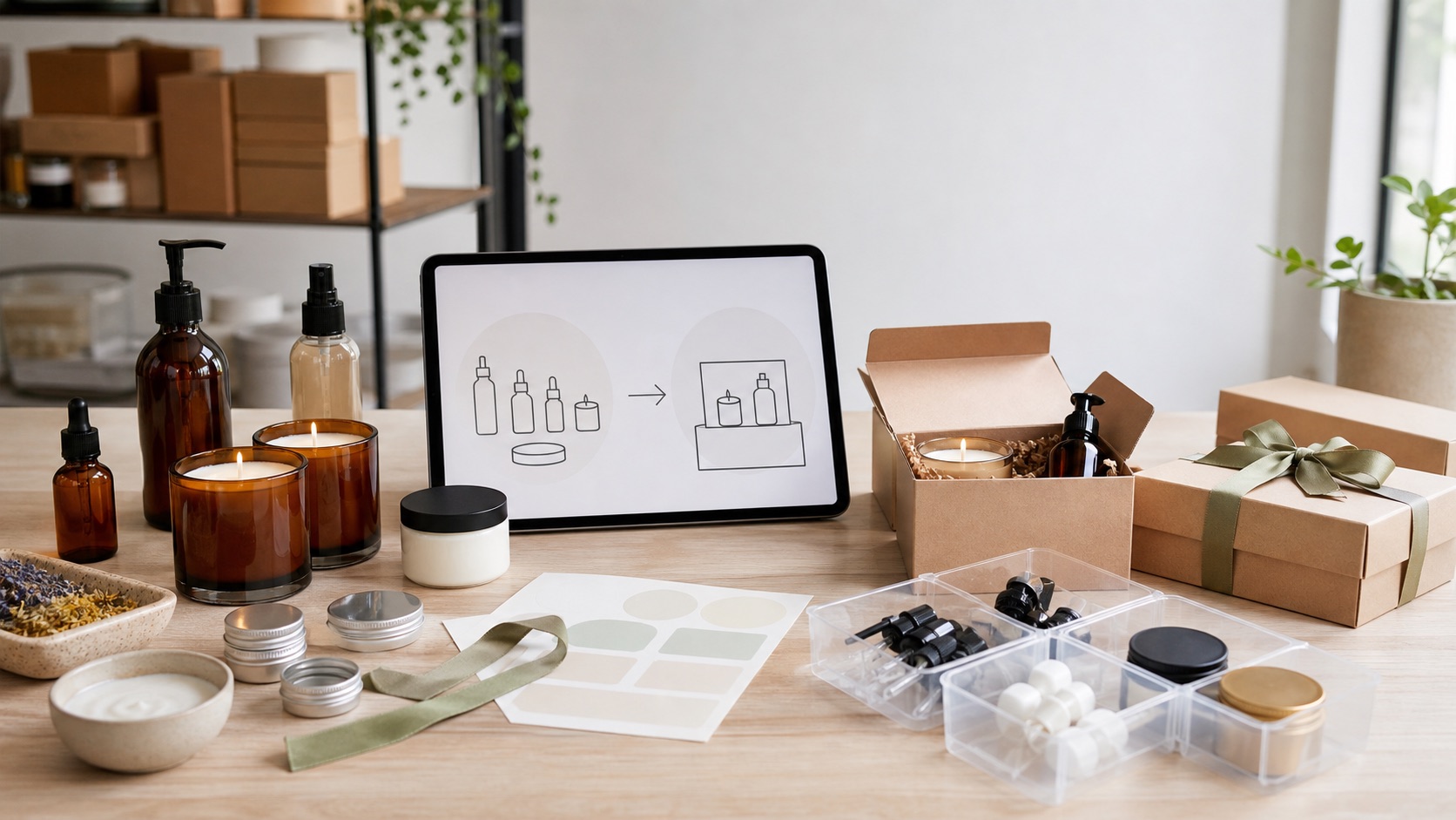 Shared component inventory workspace with candles, skincare bottles, parts bins, gift boxes, and a product recipe diagram.